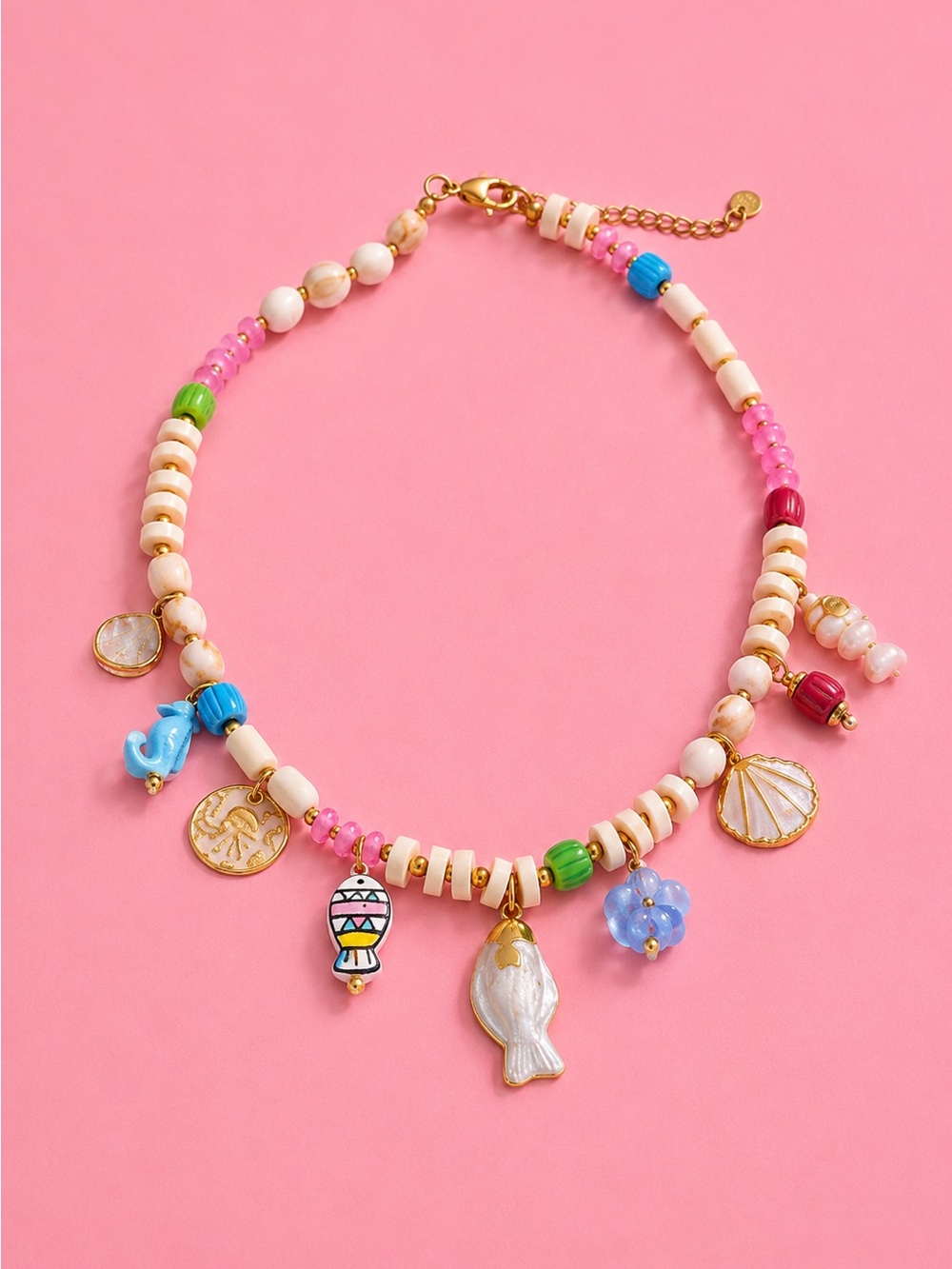 Beach Babes Multicolor Beaded Charm Necklace with Shell & Fish Pendants